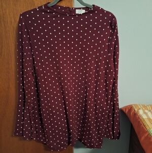 Crown & Ivy Maroon Polka Dot Long Sleeve Top Bell Sleeves Size XL